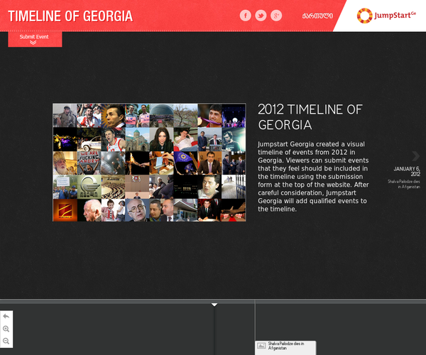 Timeline of Georgia 2012 - Jumpstart Georgia created a visual timeline of events from 2012 in Georgia. Viewers can submit events that they feel should be included in the timeline using the submission form at the top of the website. After careful consideration, Jumpstart Georgia will add qualified events to the timeline.  - 