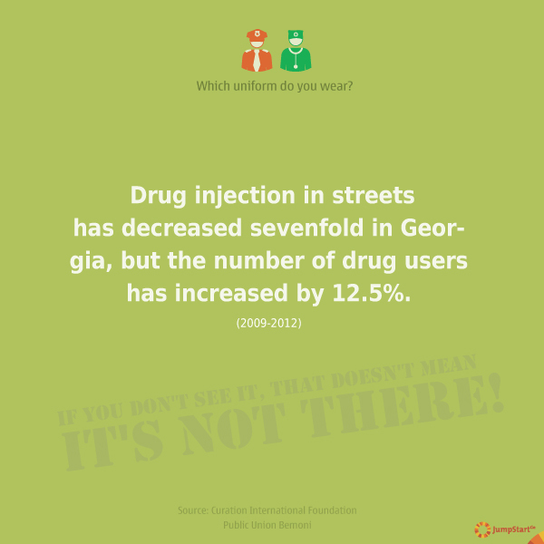 Drug injection in streets  -  - Drug injection in streets has decreased sevenfold in Georgia, but the number of drug users has increased by 12.5%. 

AltGeorgia 

What's more, punishment is more expensive than treatment; a repressive drug policy increases the risk and spread of infections, and it does not comply with the EU's drug policy.
Georgia's current drug policy, which is punishment oriented, does not work: 100% of Georgian drug addicts resume using drugs within 11 months after punishment related to illicit drug use. Also, in 6 months of 2013, the number of drug-related offences uncovered by the policy has increased by 80% compared to the same period of the previous year, while the estimated number of problem drug users has increased by 12.5% from 2009 to 2012.
What other harm can the current and punishment oriented drug policy bring? What should change in order to have more effective and beneficial drug policy in the country?
Krokodile, Crocodile, drug, Georgia, drug addiction, drug policy