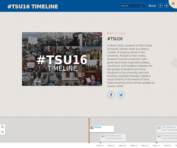  #TSU16 Timeline - In March 2016, students of Tbilisi State University started rallies to protest a number of ongoing events in the university. Parallel to their rallies, students from the university's self-governance body organized protests, resulting in confrontations between the two groups of students and tense situations in the university yard and building.

JumpStart Georgia created a visual timeline of the events at Tbilisi State University which will be updated as events unfold. - In March 2016, students of Tbilisi State University started rallies to protest a number of ongoing events in the university. Parallel to their rallies, students from the university's self-governance body organized protests, resulting in confrontations between the two groups of students and tense situations in the university yard and building.

JumpStart Georgia created a visual timeline of the events at Tbilisi State University which will be updated as events unfold.