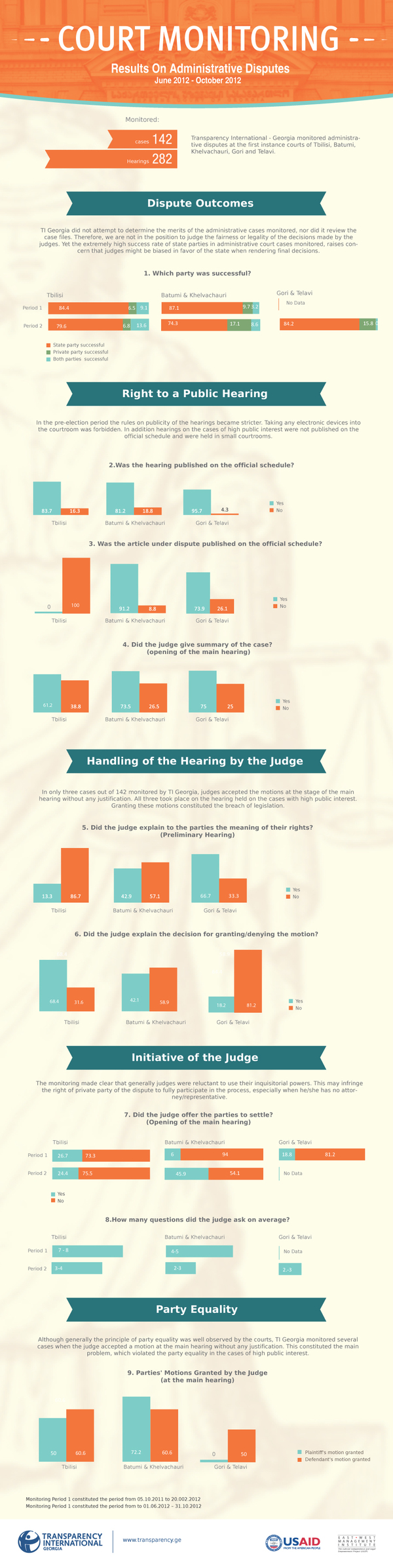 There are still many problems in the judiciary branch  - Between June-October 2012 Transparency International Georgia (TI Georgia) monitored 282 hearings on 142 administrative cases in the first instance courts of Tbilisi, Batumi, Khelvacharui, Gori and Telavi.  TI Georgia observed the court administration and judges across a number of specific criteria, including reasonable time and punctuality, right to a public hearing, handling of the hearing by the judge, inquisitorial principle (judge's initiative) and equality of arms. 

Based on the statistical data collected by TI Georgia, the organization visualized the observance of these principles by the courts.  - 