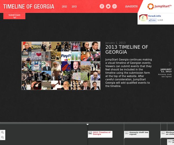 2013 Timeline of Georgia - JumpStart Georgia created a visual timeline of events from the first half of 2013 in Georgia. Viewers can submit events that they feel should be included in the timeline using the submission form at the top of the website. After careful consideration, JumpStart Georgia will add qualified events to the timeline. - 