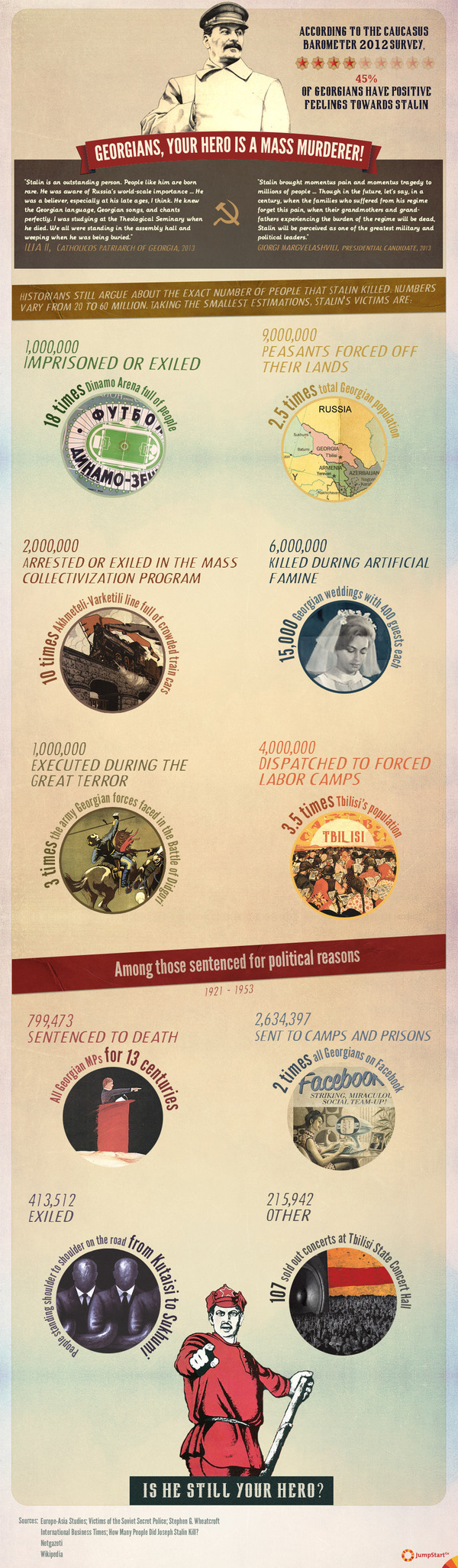 Georgians, your hero is a mass murderer! - According to the Caucasus Barometer 2012 survey, 45% of Georgians have positive feelings towards Stalin.  Stalin's busts and statues are erected across the country to show respect towards the Soviet leader who ended millions of lives. 

Historians still argue about the exact number of people that Stalin killed. Numbers vary from 20 to 60 million. 

JumpStart Georgia visualized the smallest estimation of Stalin's victims and interpreted each of them in an alternative way to make it easier for people to understand the large numbers better. - 