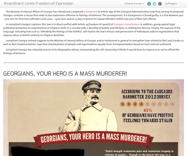 Amendment Limits Freedom of Expression - The Ministry of Internal Affairs of Georgia has introduced a proposed <a href="https://docs.google.com/document/d/1I59cBsimHZcnvIoCqsXXY-XITIL1pwDYX0f9NX9TJZU/edit?usp=sharing" target="_blank">amendment</a> to Article 1691 of the Georgian Administrative Code that, among its proposed changes, contains a clause that seeks to ban expression offensive to feelings of believers. The consequences, if a transgressor is found guilty, is a fine between 300 - 500 laris for first-time offenders and 1,000 - 1,500 laris and/or 15 days in prison for repeat offenders within one year of their last offense.

In JumpStart Georgia's opinion, this law is in direct conflict with Article 19 (freedom of speech) of <a href="http://www.parliament.ge/files/68_1944_951190_CONSTIT_27_12.06.pdf" target="_blank">Georgia's Constitution</a>. In addition, giving special legal preference/protection to organizations of religious faith, in a country with a plurality of beliefs and lifestyles, is nothing but divisive. Finally, the vaguery of the language, including text such as 'offending the feelings of the faithful', will lead to the law’s misuse and persecution of individuals and/or organizations that espouse ideas or beliefs contrary to religious doctrines.

JumpStart Georgia instead suggests to the Ministry of Internal Affairs of Georgia and to Parliament in general to strengthen laws related to libel and slander as well as their implementation; laws that should protect all people and organizations equally from misrepresentation based on facts and not sentiment.

JumpStart Georgia has redacted several of its infographics below, incorporating the self-censorship it thinks it would have to impose so as not to offend the feelings of believers. - 