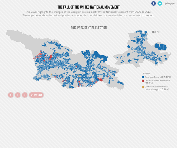 The Fall of the United National Movement - This visual highlights the changes of the Georgian political party United National Movement from 2008 to 2013. The maps show the political parties or independent candidates that received the most votes in each precinct. - 